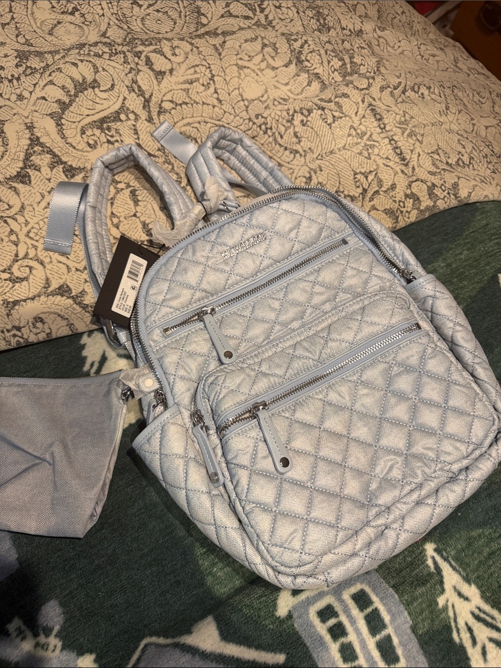 MZ Wallace Quilted Light Blue Metallic Backpack with Front Zip Pockets